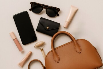 Woman fashion blogger is packing stylish accessories and cosmetics into brown leather handbag on beige background