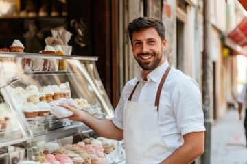 Fototapeta premium Smiling pastry chef arranging an enticing selection of pastries in a display case, showcasing culinary delights on a bustling city street