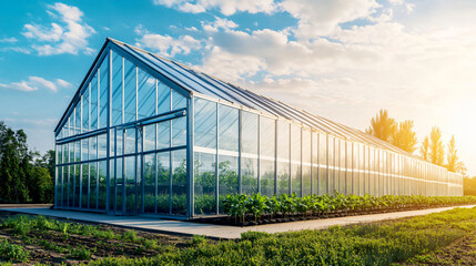 Greenery. Contemporary technologies, Modern large commercial greenhouse construction producing organic vegetables, Ecology concept,