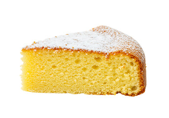 Slice of cake dusted with powdered sugar against black background