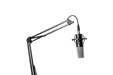 Professional condenser microphone with shock mount on articulated boom arm stand for recording, isolated on a transparent background