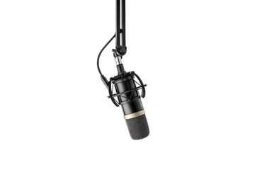 Fototapeta premium Close-up studio condenser microphone with shock mount and XLR cable on boom arm, isolated on a transparent background