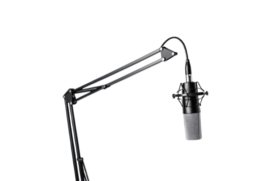 Professional condenser microphone with shock mount on articulated boom arm stand for recording, isolated on a transparent background