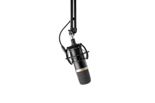 Close-up studio condenser microphone with shock mount and XLR cable on boom arm, isolated on a transparent background