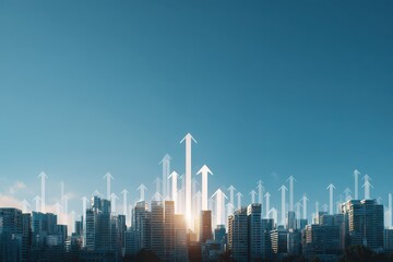 Fototapeta premium City skyline with upward-pointing translucent arrows, symbolizing growth and progress