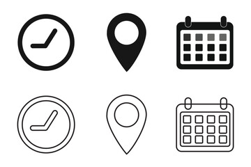Calendar, Time, Location, icon set. White Background .Location, Calendar, pin , clock icon set. Address, time, date symbols vector. Event icon set . vector art