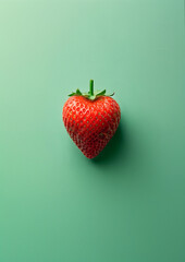 Single red strawberry on a green background