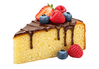 Slice of cake topped with chocolate strawberry raspberries and blueberries on a black backdrop