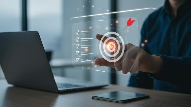 Focused professional achieves business success and project goals by interacting with a futuristic holographic target display in a modern office.