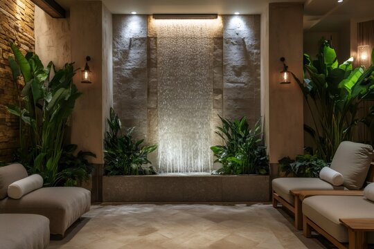 Tranquil spa waiting room with a soothing waterfall, comfortable seating, and abundant plants, creating a relaxing atmosphere
