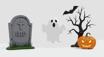 A halloween scene featuring a ghost, tombstone, bat, tree and a jack o lantern