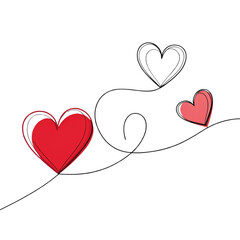 Continuous line drawing of two hearts for valentine's day red heart on white background