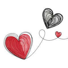 Continuous line drawing of two hearts for valentine's day red heart on white background