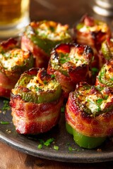 Delicious bacon-wrapped jalapeno poppers filled with creamy cheese are plated elegantly. This appetizing dish is perfect for gatherings, served in a cozy dining atmosphere during evening meals