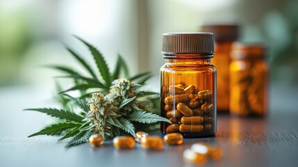 Amber Bottles, Capsules, and Cannabis Bud