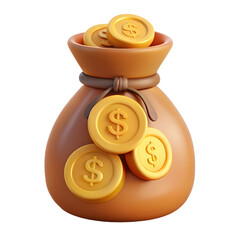 Brown Money Bag with Dollar Coins 3D Render Illustration for Financial Concepts and Savings