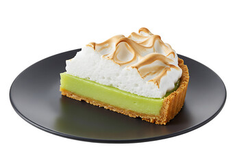 Slice of key lime pie on a dark plate featuring a graham cracker crust green filling and toasted meringue topping