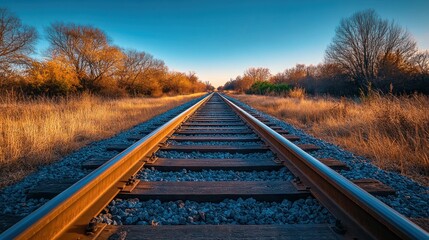 Fototapeta premium Railroad tracks disappearing into the horizon at sunset