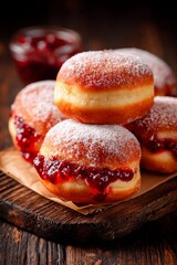 Soft and fluffy jelly donuts are stacked on a wooden board, dusted with powdered sugar, alongside a small jar of rich berry jam, creating a delightful dessert scene