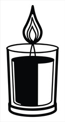 A simple black silhouette of a candle burning in a glass jar representing warmth and light. Ideal for use in spa and wellness branding, meditation or relaxation graphics, spiritual or religious cont