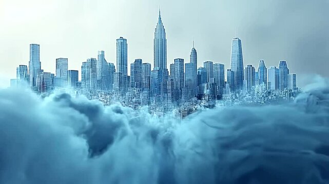 Surreal cityscape floating above a misty cloudscape, evoking dreams of an urban horizon