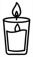 Simple black outline drawing of a lit candle in a glass holder. Ideal for use in spa and wellness branding, meditation or relaxation graphics, spiritual or religious content, memorial and remembrance 