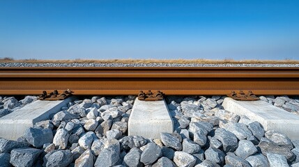 Railroad tracks extend into a clear blue sky