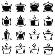 A set of black silhouettes and line art vectors of lit candles in glass containers representing warmth and light. Ideal for use in spa and wellness branding, meditation, or relaxation. graphics