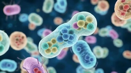 Microscopic organisms floating in a fluid, colorful abstract view