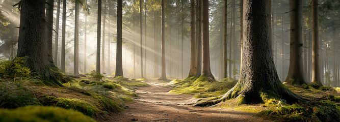A narrow forest path winding through tall pines and spruce trees. Early morning fog with golden light beams cutting through branches.