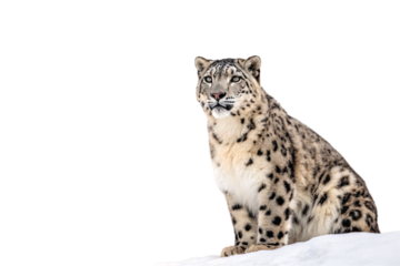 Snow leopard sitting gracefully with distinctive spotted fur pattern and piercing blue eyes, isolated on a transparent background