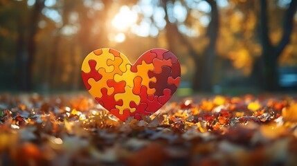 Heart-shaped puzzle in autumn leaves.