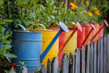 Metal watering cans in vibrant colors standing on a weathered wooden fence, creating a cheerful scene in a garden setting