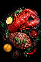 A lavish spread displays a succulent steak alongside a vibrant lobster, garnished with herbs and spices, creating an enticing culinary masterpiece perfect for seafood lovers and meat enthusiasts