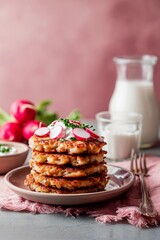 A hearty breakfast features golden-brown potato pancakes piled high, garnished with sliced radishes and accompanied by a glass of milk. The setting has a warm, inviting ambiance