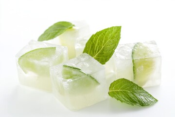 Obraz premium Refreshing Lime and Mint Ice Cubes on White Background for Summer Drinks