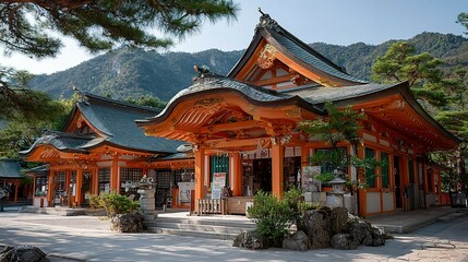 Fototapeta premium Traditional japanese temple complex with vibrant orange and dark grey roofing.