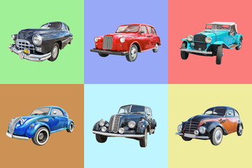 collection of retro cars on colorful background