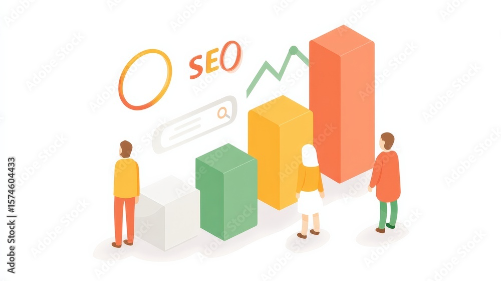 Aufkleber marketing metrics traffic concept. people analyzing growth data with seo graphics and charts.