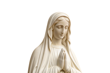Praying Virgin Mary statue, cream stone finish, traditional religious sculpture, hands clasped together, serene downward gaze, isolated on a transparent background