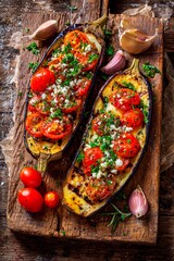 Freshly grilled eggplant topped with vibrant tomatoes, aromatic garlic, and green herbs sits beautifully on a wooden board. The vibrant colors showcase a delicious and healthy dish