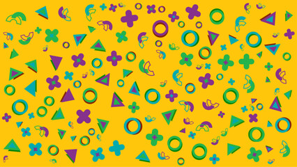 Yellow background with colorful geometric shapes. Vector illustration for presentation, creative project, and poster.