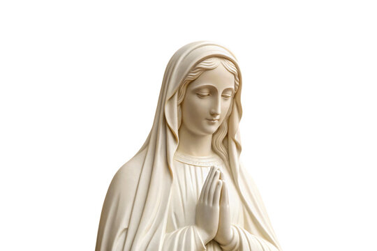 Praying Virgin Mary statue, cream stone finish, traditional religious sculpture, hands clasped together, serene downward gaze, isolated on a transparent background - Powered by Adobe