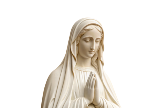 Praying Virgin Mary statue, cream stone finish, traditional religious sculpture, hands clasped together, serene downward gaze, isolated on a transparent background