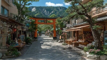 Fototapeta premium Picturesque street lined with shops and traditional torii gate.