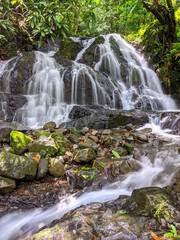 Scenic view of a small waterfall cascading over mossy rocks in a lush tropical forest. Tranquil nature scene with clear flowing water and vibrant greenery
