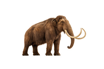Woolly mammoth with curved tusks and thick brown fur standing in profile view, isolated on a transparent background