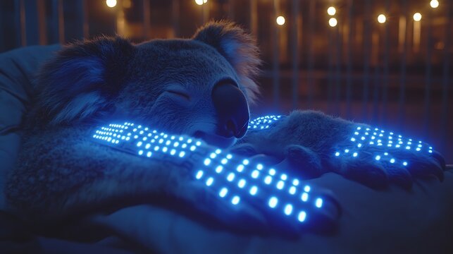 Sleepy koala with glowing blue lights on its paws.