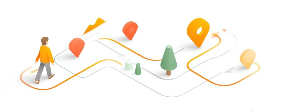 Marketing metrics traffic concept. Illustration of a person navigating a winding path with location markers.