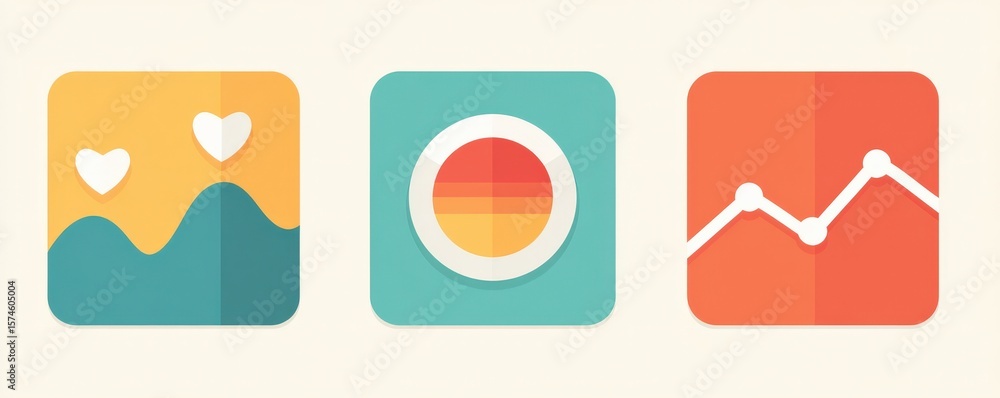 Aufkleber marketing metrics traffic concept. three vibrant app icons with various themes and colors.